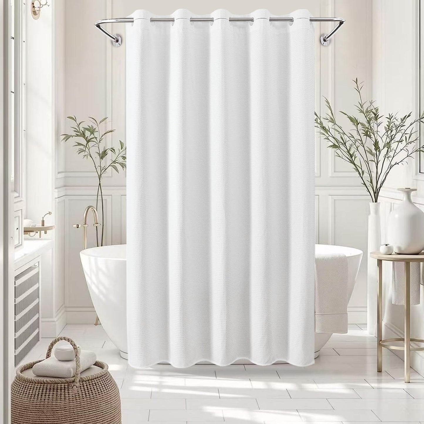 White Waterproof No Hooks Waffle Shower Curtain, 260GSM Heavy Duty Fabric, with 10 Durable Split Grommets, Luxury Hotel Spa Style for Bathroom, Machine Washable, 74 x 72 Standard Size