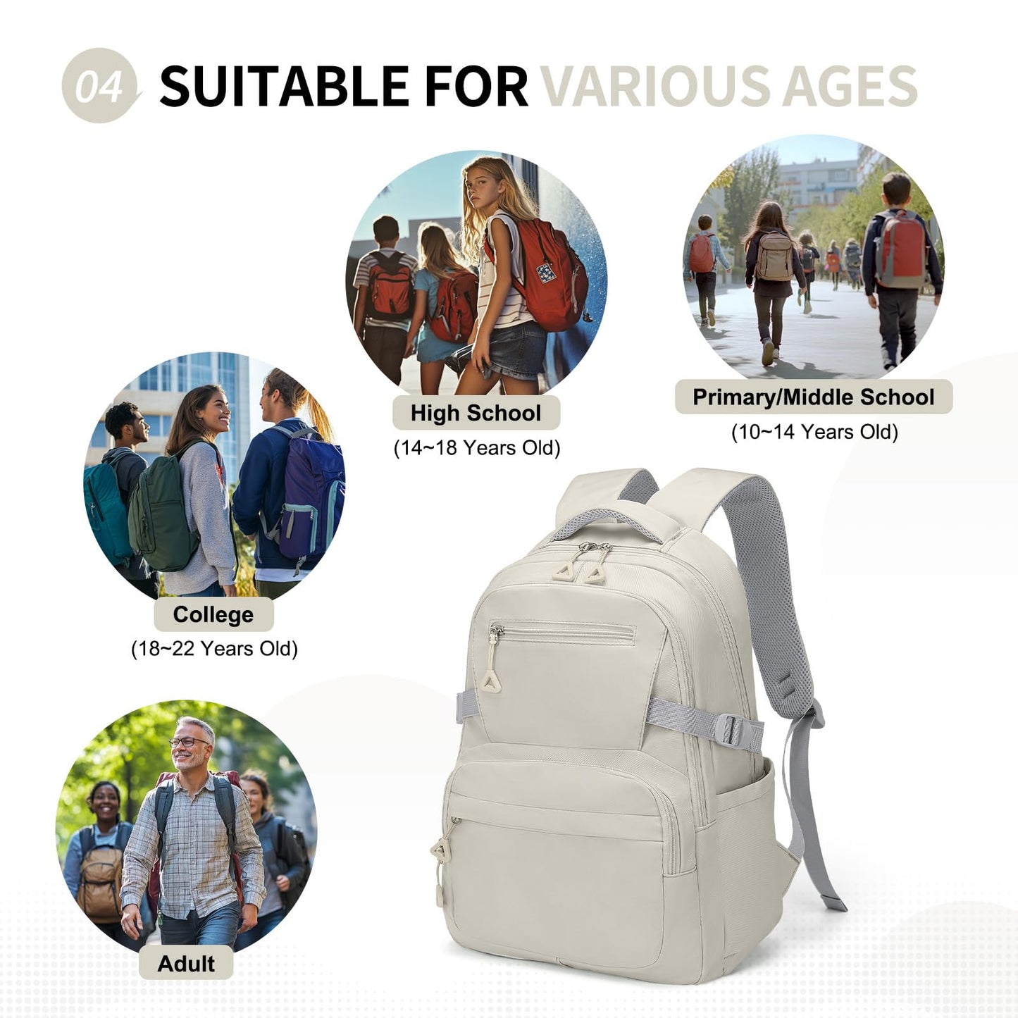 SUIKIHUM Girls Backpack, Lightweight Aesthetic Bookbag with Anti-Theft Pocket, Fit 15.6 Inch Laptop Backpack for College and Daily Use (Beige)