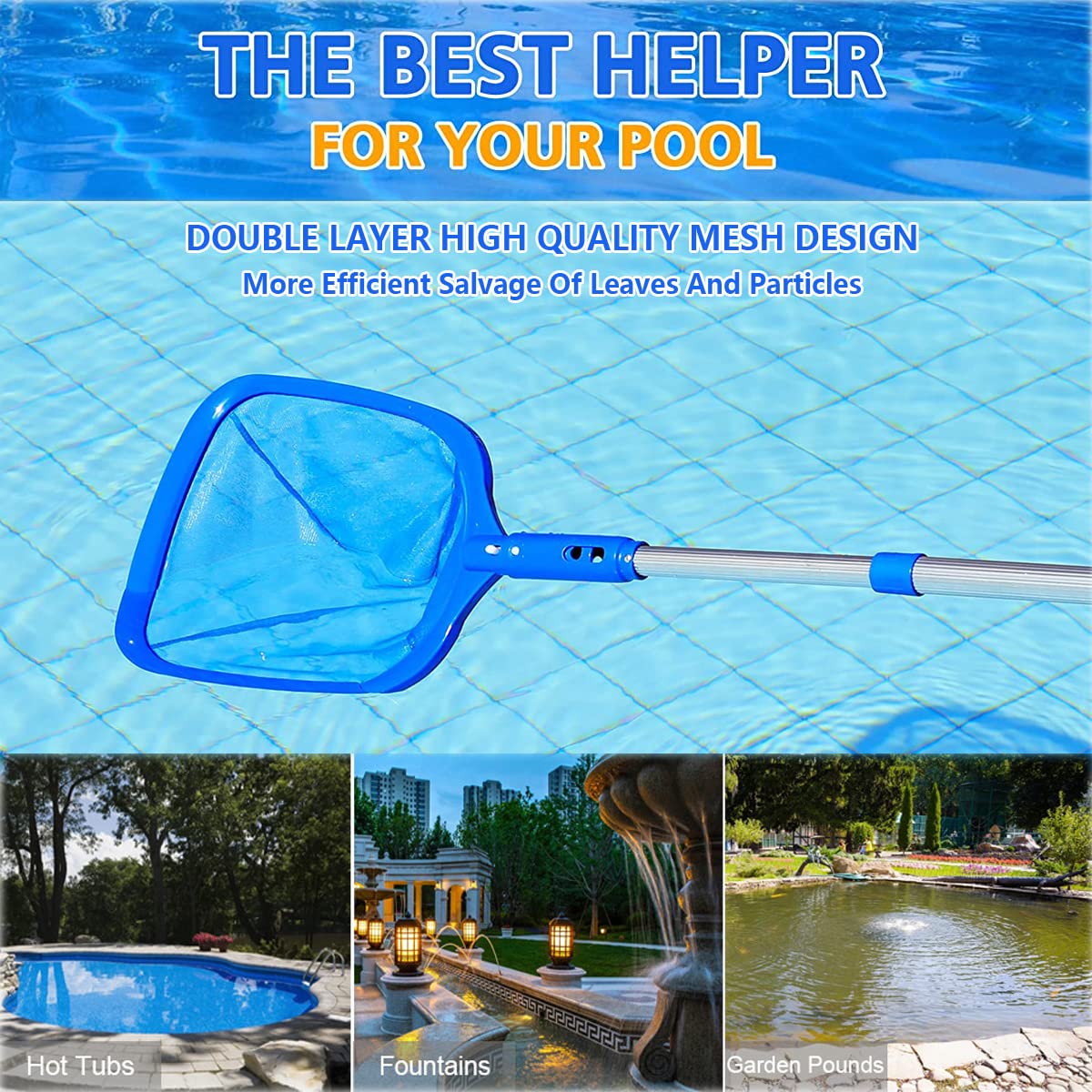 FBSPORT Pool Skimmer Net with Telescopic Pole, 59 inch Swimming Pool Leaf Net, Fine Mesh Pool Net, Pool Cleaner Maintenance Tool-Easy to Collecting Leaves for Swimming Pools, Hot Tubs, Ponds