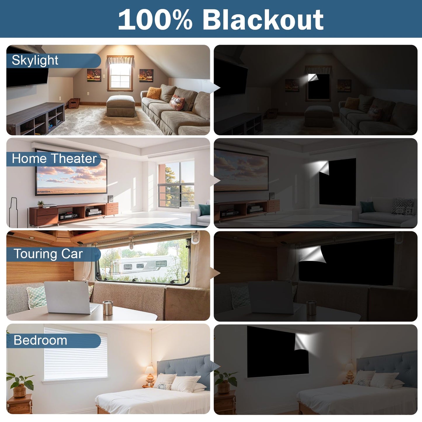 420D Blackout Curtains for Bedroom, 300x145 cm Portable Blackout Blinds with 12 Hook and Loop & 18 Adhesive for 100% Black-Out Window Film, Temporary Black Out Shades for Windows Cover Travel