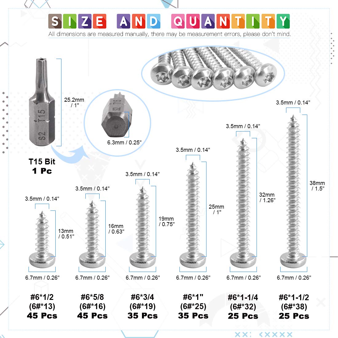 Glarks 211Pcs #8 x 1/2'' / 5/8'' / 3/4'' / 1" / 1-1/4'' / 1-1/2'' Button Head Torx Security Sheet Metal Screws Assortment Set, 6 Size Stainless Steel Tamper Resistant Screws with T20 Bit