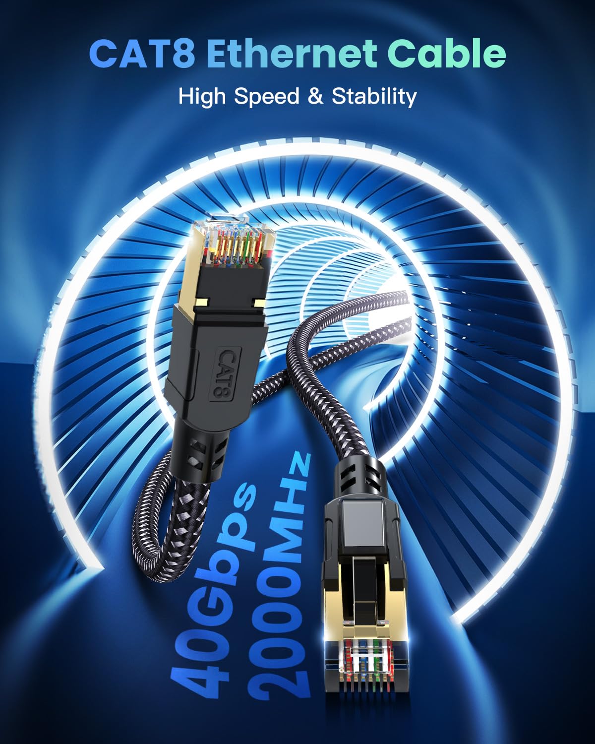 Cat 8 Ethernet Cable 25FT, BUSOHE 40Gbps 2000Mhz High Speed Braided Network Internet Cable with Gold Plated RJ45 Connector, Heavy Duty Patch Cord LAN Cable 15 Clips,S/FTP Indoor for Router/Gaming/PC