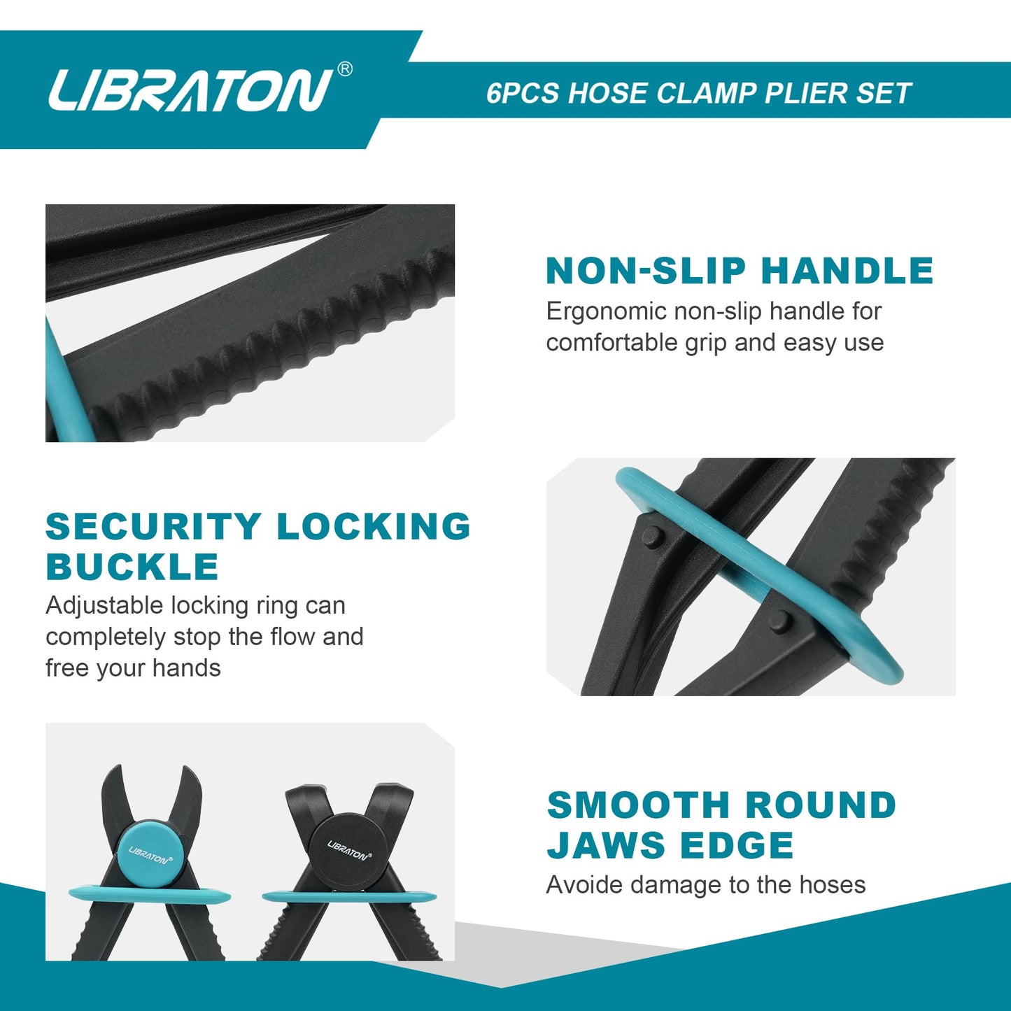 Libraton Hose Clamp Pliers Set - 6pcs Straight & 90° Pinch Off Pliers, Line Clamps for Brake, Fuel, Coolant, Flexible, Radiator, and Gas Lines