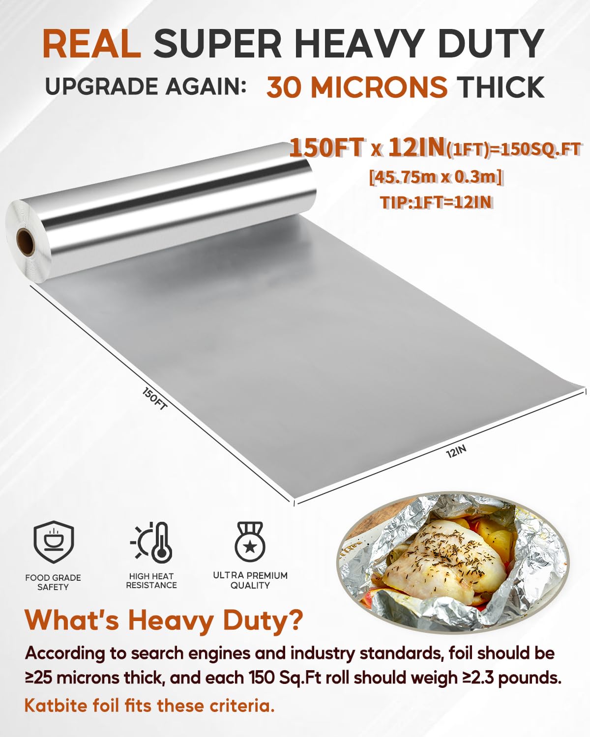 Katbite Aluminum Foil Roll, Heavy Duty 12inx150ft, 30 Micron Thick Strong Foils Aluminum Roll with Cutter for Home Cooking, Catering, Grilling,150Sqft