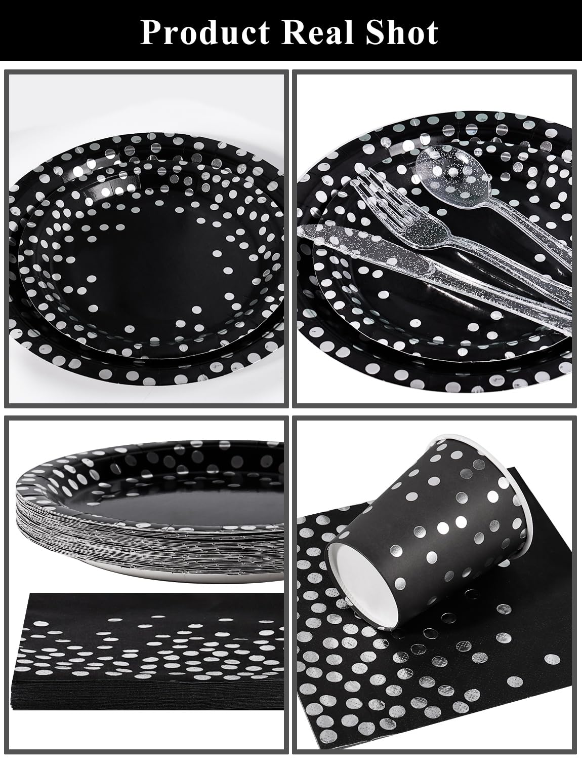 Nkaiso Paper Plates Napkins Cups Set, 141 Pieces Black and Silver Kids Birthday Party Tableware Party Supplies Set Includes Paper Plates Napkins Cutlery for Wedding Shower Engagement -20 Guests