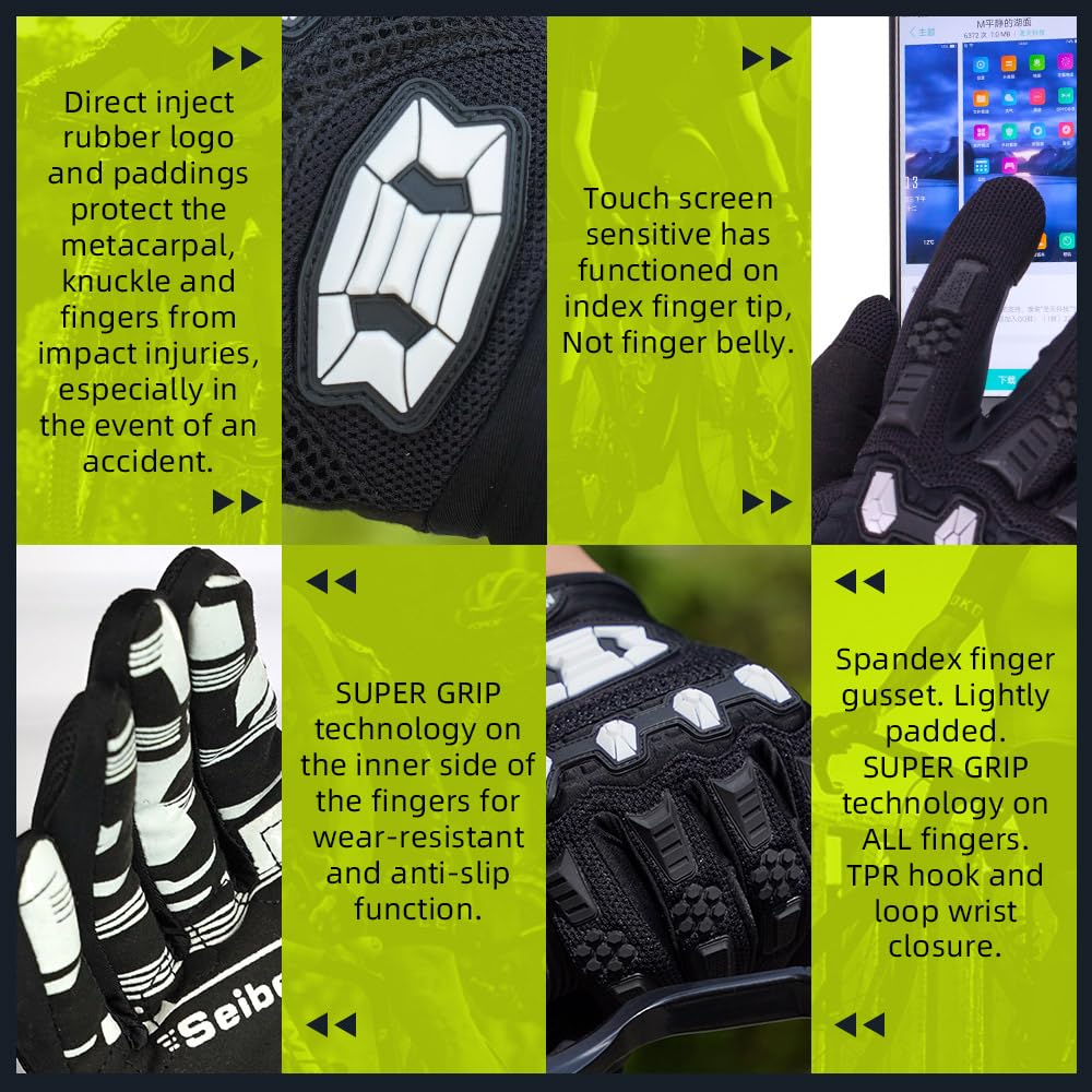 Seibertron Unisex BMX MX ATV MTB Racing Mountain Bike Bicycle Cycling Off-Road/Dirt Bike Gloves Road Racing Motorcycle Motocross Sports Gloves Touch Recognition Full Finger Glove Black L