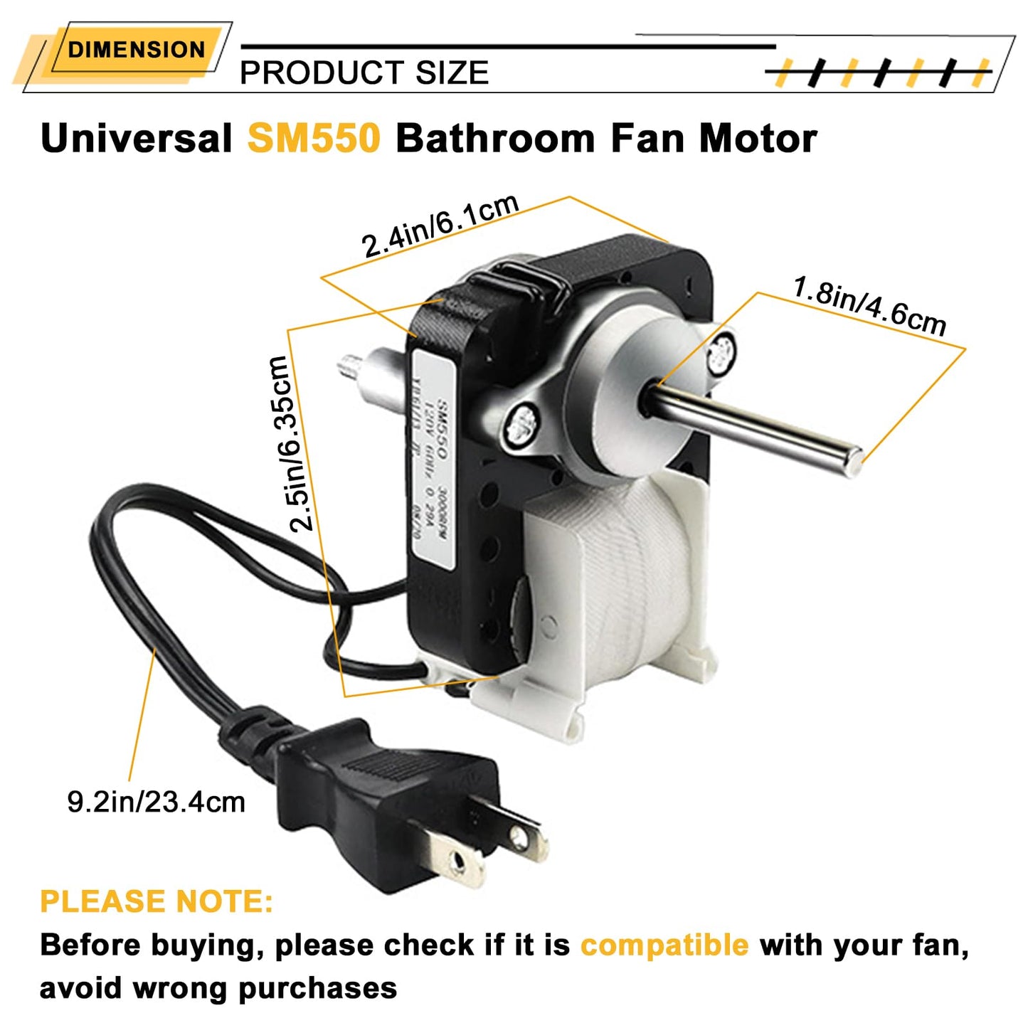 SM550 Universal Bathroom Vent Fan Motor Replacement Kit, Compatible with Nutone Broan 50 CFM, 120V, C01575, 65100, EM550, EM750