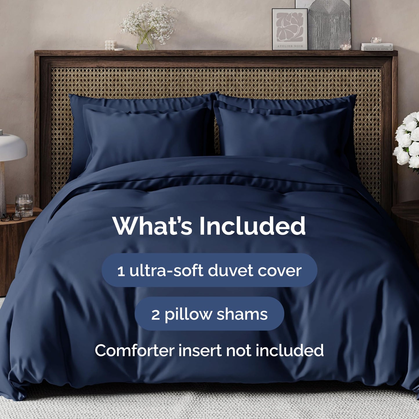 Duvet Cover Queen Size Set - Extra Soft Queen Size Duvet Cover 90 x 90 with 2 Pillow Shams - Hotel Luxury Easy Care and Fade Free w/Zipper Closures & Ties - Comfy Breathable Bedding Set (Navy Blue)