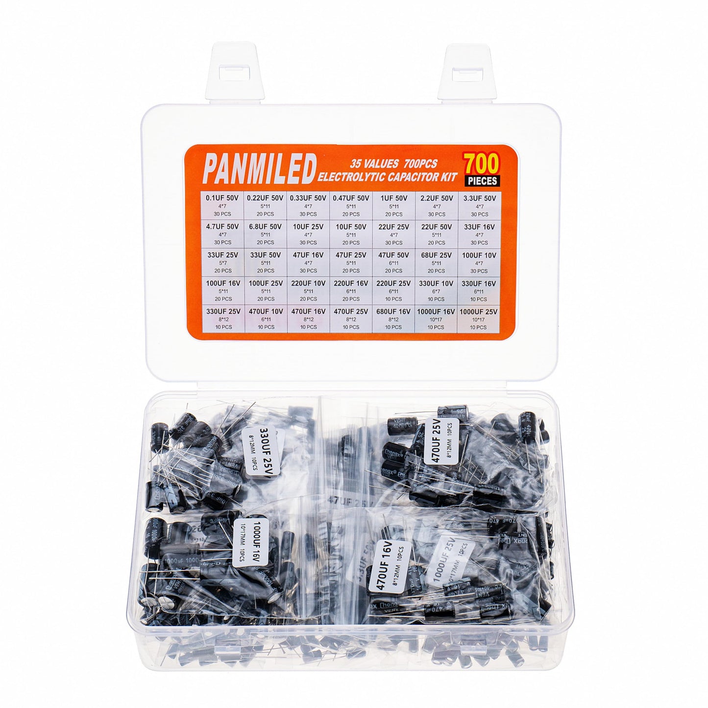 PANMILED 35 Values 700 Pieces Aluminum Electrolytic Capacitor Assortment Kit 0.1uF-1000uF 10V 16V 25V 50V Direct Insertion Aluminum Electrolytic Capacitor Series