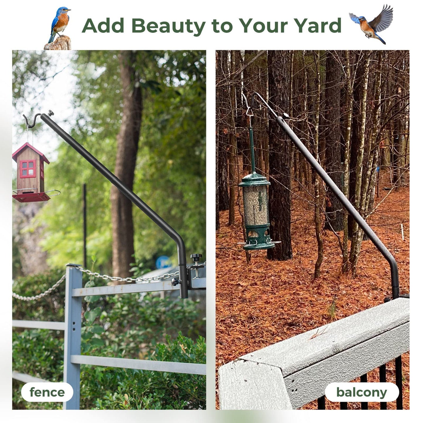 Kingsyard Heavy Duty Deck Hook, 27"-39" Adjustable Metal Deck Railing Hooks for Hanging Bird Feeders, Planters, Suet Baskets, Lanterns, Wind Chimes, Clamp Mounted