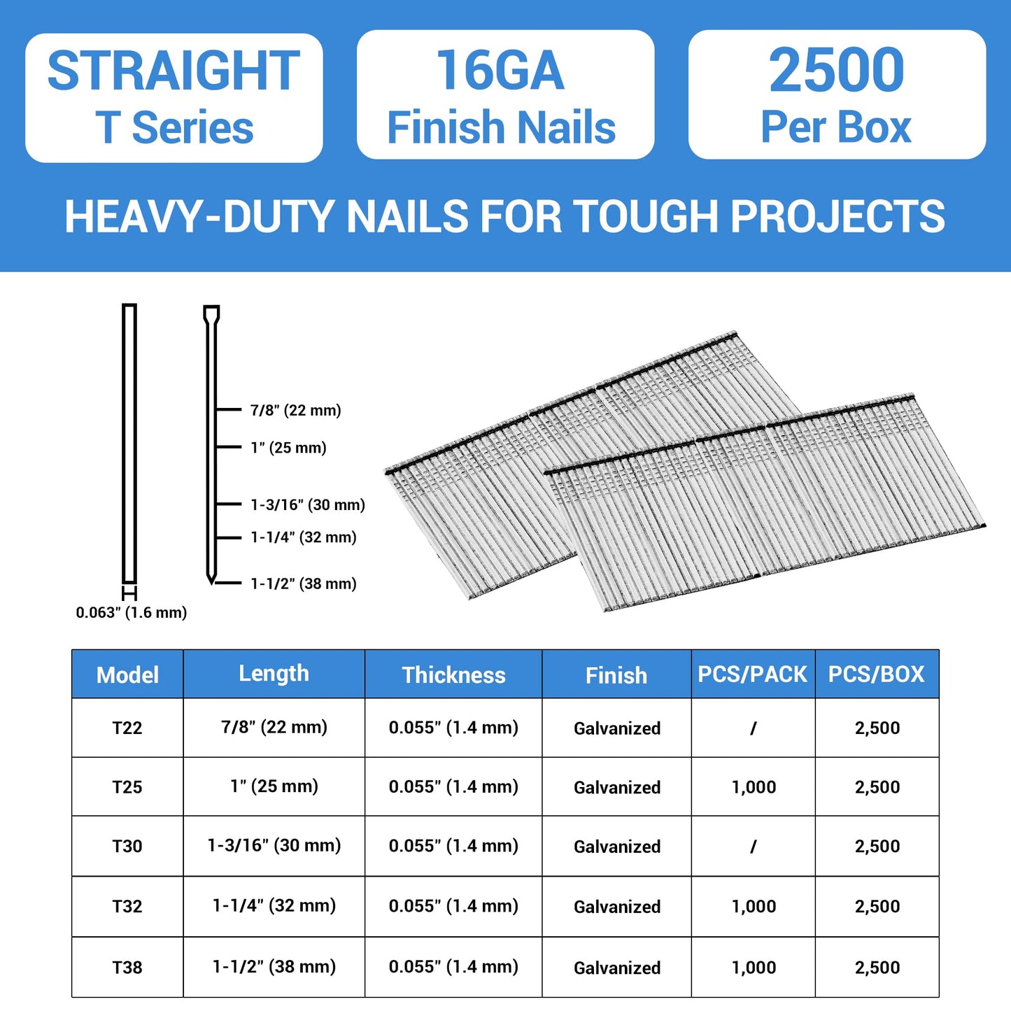meite 16GT112L 16 Gauge 1-1/2-Inch Leg Galvanized Finish Nails or Brad Nails 2500 Pieces/Box (1 Box)