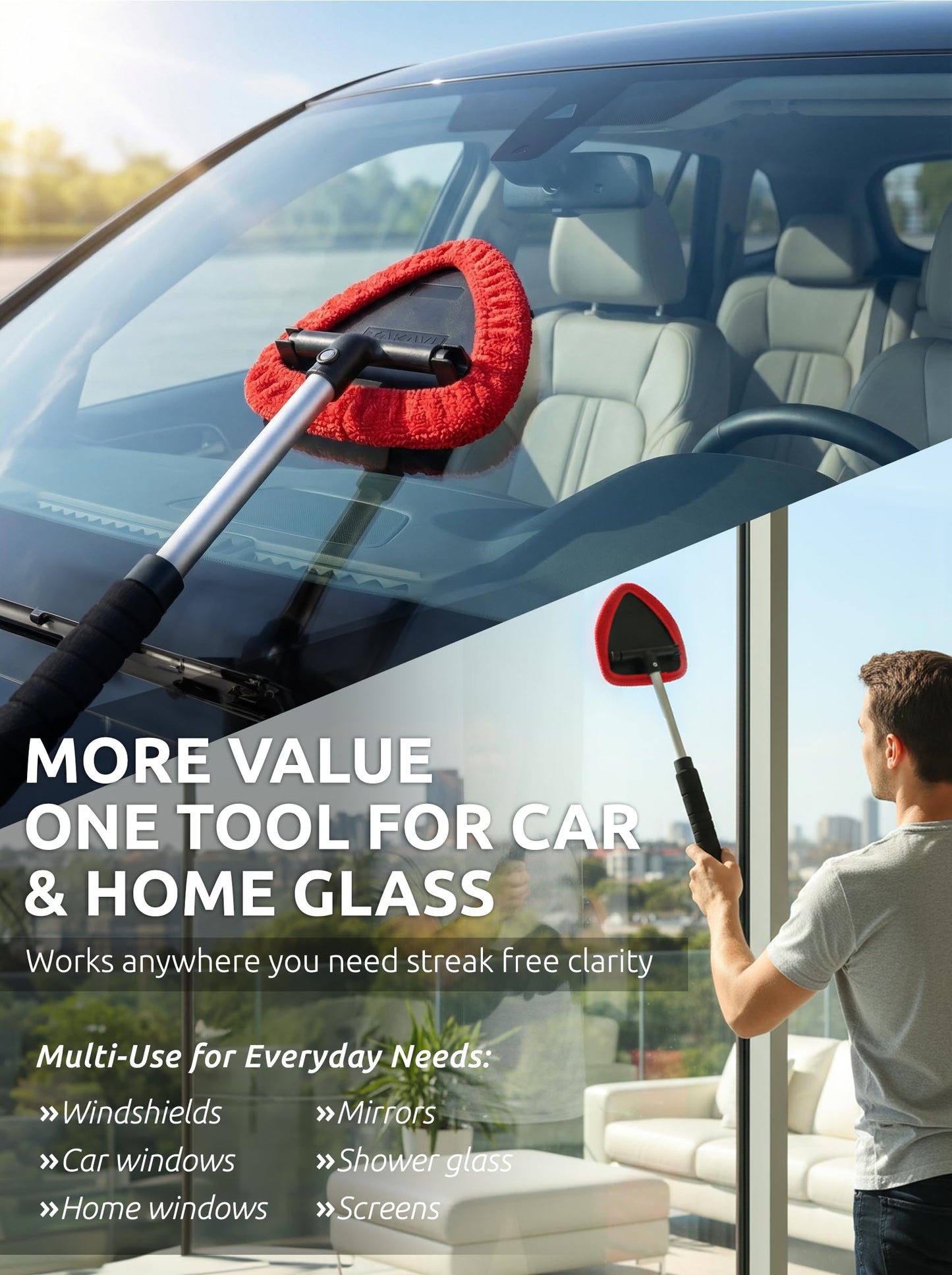 Windshield Window Cleaner Tool, Extendable Long-Reach Handle, Unique Pivoting Triangular Head, 3 Washable Reusable Microfiber Bonnets, Car & Home Inside Interior Exterior Use - Lint Free (Red)