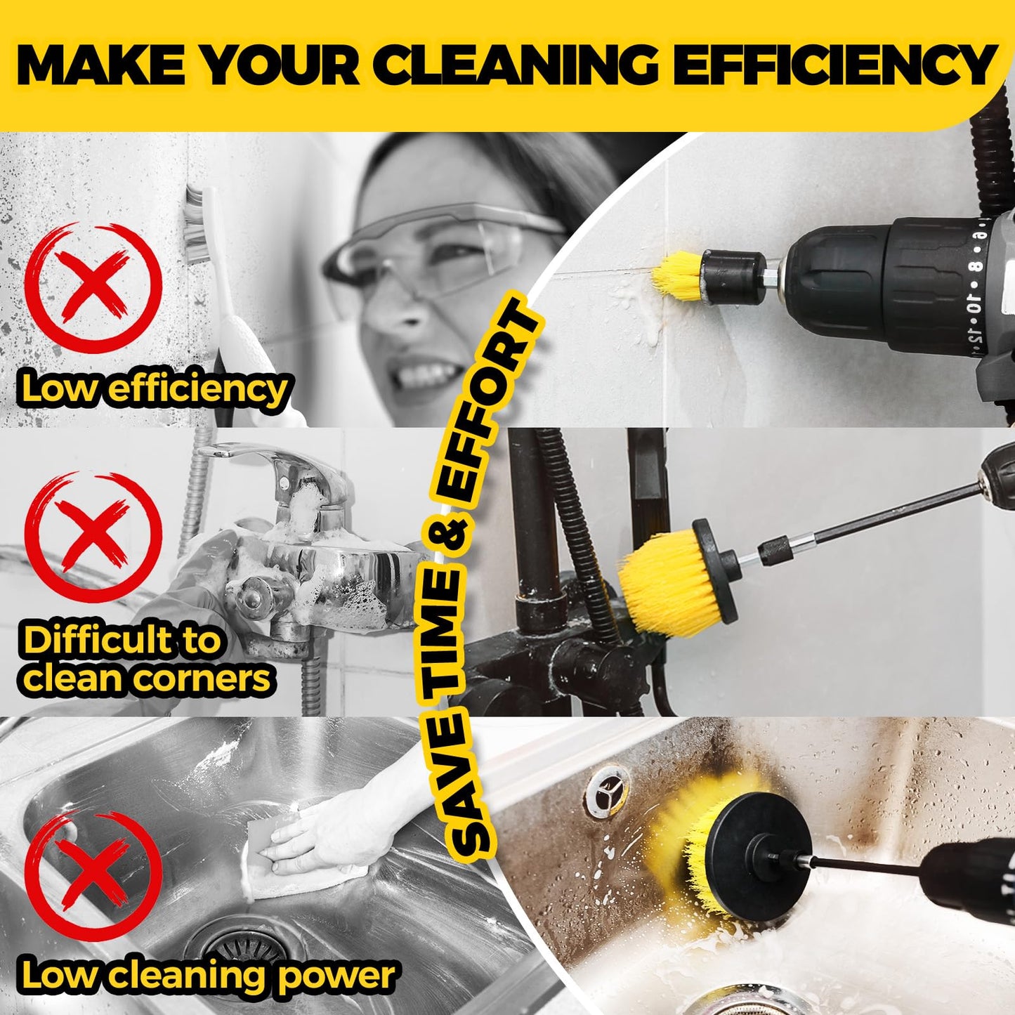Holikme 10Pieces Drill Brush Attachments Set, Power Scrubber Brush with Extend Long Attachment,Scrub Brush,Shower Scrubber,Cleaning Supplies,Yellow