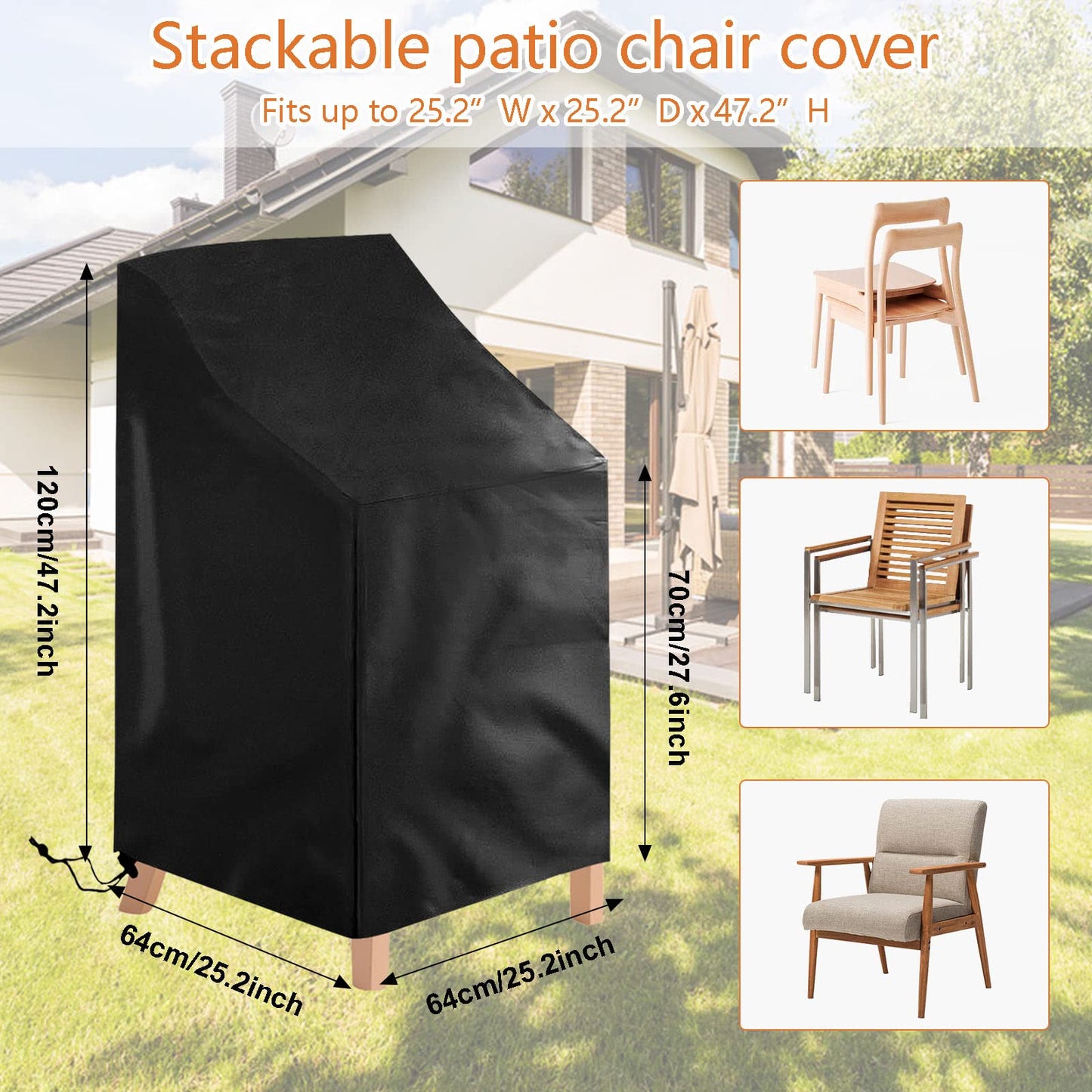 Uranshin 2 Pack Patio Chair Cover, Waterproof, Black, Oxford Cloth, 25.2"L x 25.2"W x 47.24"H