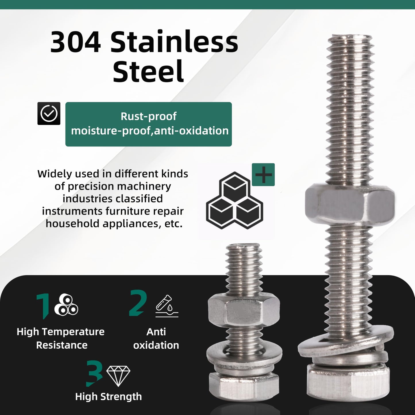 620PCS M4 M5 M6 Heavy Duty Bolts+Nuts Assortment Kit, 304 Stainless Steel, Hex Head Cap Screws Bolts and Nuts Kit with Flat & Spring Washers, Includes 13 Most Common Sizes