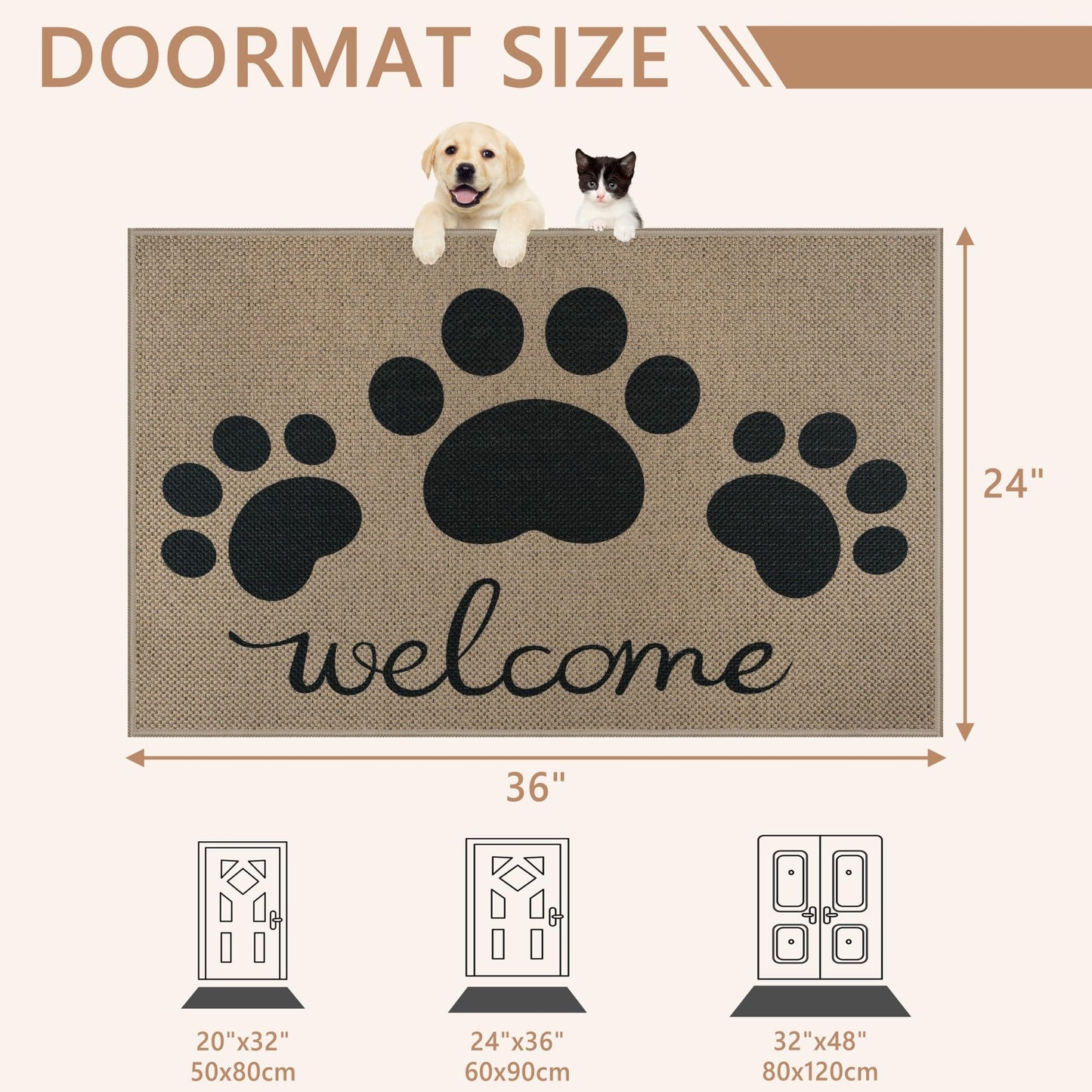 Capslpad Easy Jute Indoor Door Mat 24"x36",Absorbent Dirt Trapper Welcome Mat, Front Door Mat Indoor Outdoor for Dog Paws,Non-Slip Low-Profile Entrance Rug,Durable Entryway Floor Mats, Black