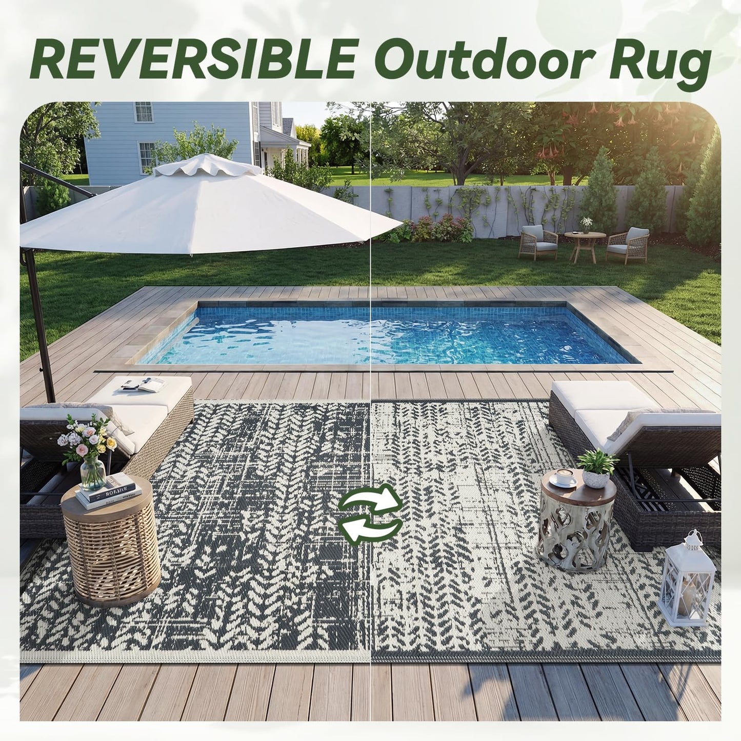 COCOER-Outdoor Rug-Patio Rug 5x8 Waterproof Outdoor Carpet Reversible Portable Camping Modern Abstract Plastic Straw RV Rugs for Picnic Beach Balcony Pool Deck Grey