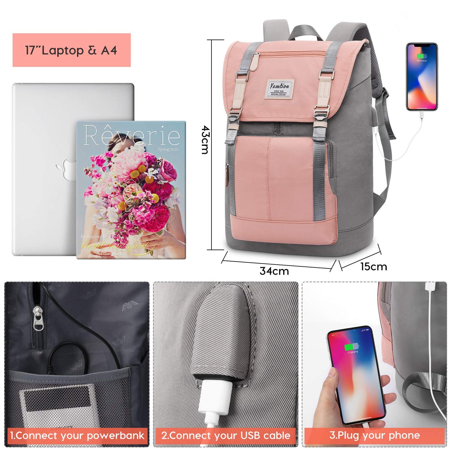 Laptop Backpack 17" Women School Backpack for Teen Girls,College Student Bags with USB Port for Work Gym and Travel,for Nurse and Teacher
