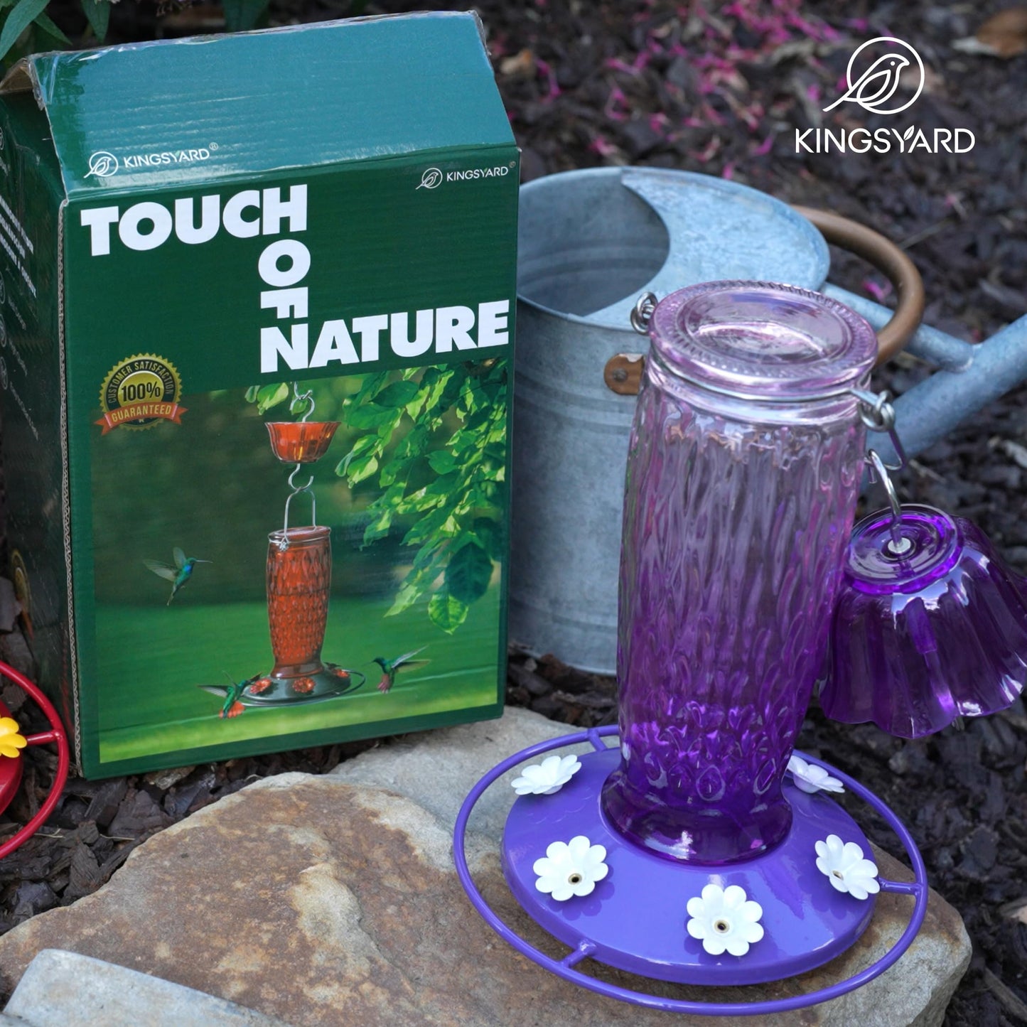 Kingsyard Hummingbird Feeders for Outdoors Hanging, 24 Ounce, Glass Hummingbird Feeder with Ant Moat & 6 Feeding Ports, Leak-Proof, Pink & Purple