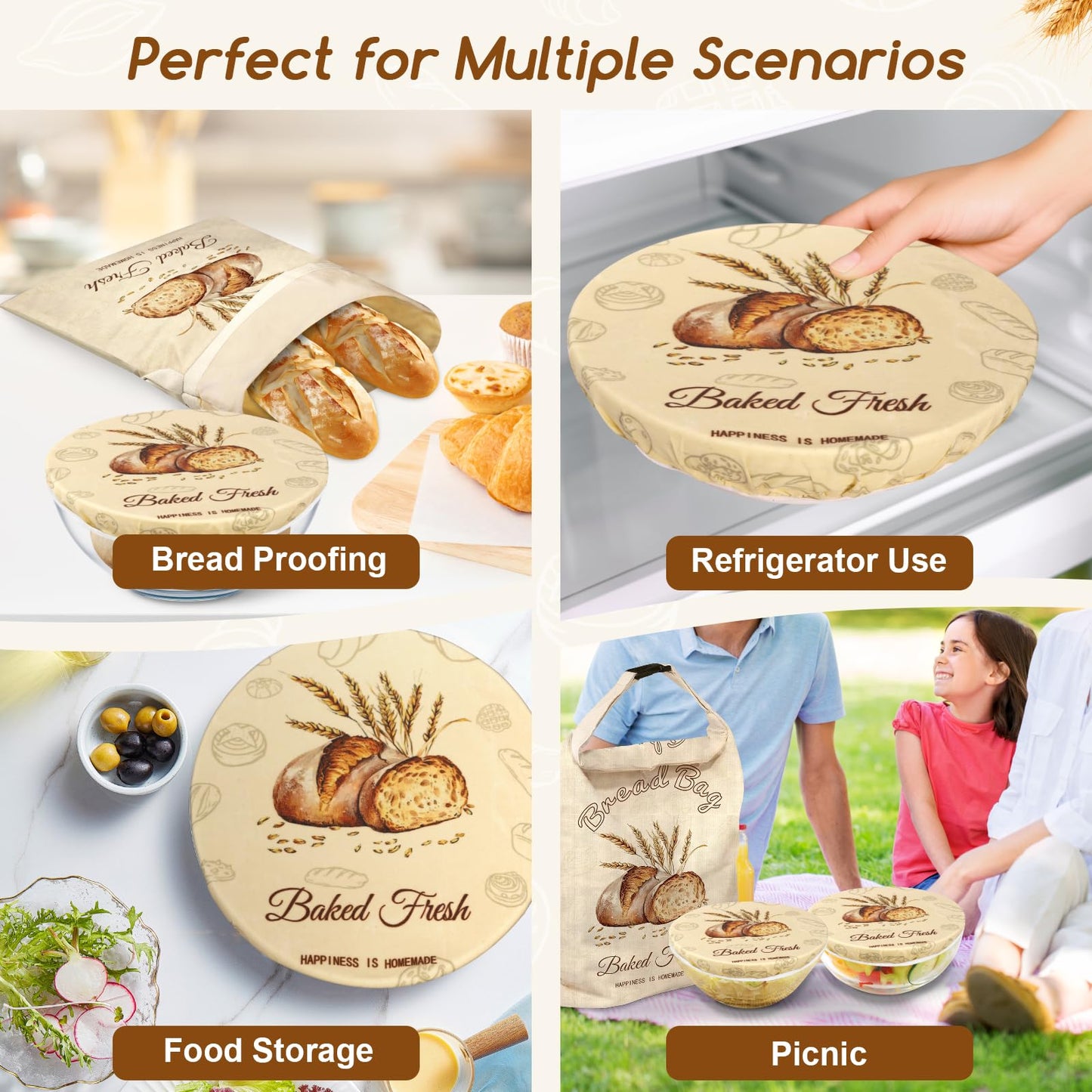 2Pack Beeswax Bowl Covers for Bread Proofing, Large 12inch Sourdough Bowl Covers, Reusable Bowl Covers for Dough Proofing and Food Storage, Elastic Shower Caps for Sourdough Bread