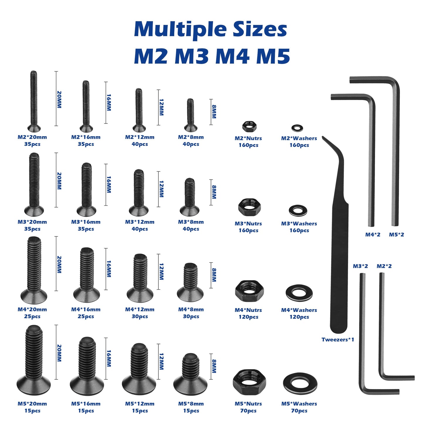 JROUTH 1500pcs Screws Assortment Hex Socket Flat Head Black Screws Nuts and Bolts, M2 M3 M4 M5 10.9 Grade Alloy Steel Hex Flat Head Cap Bolts Nuts Washers Assortment Kit with Hex Wrenches