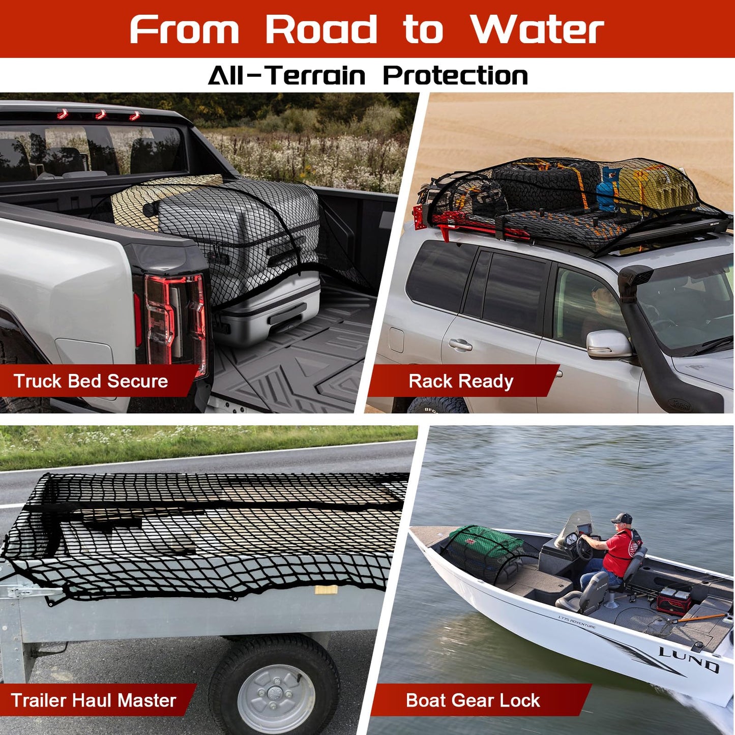 Truck Bed Cargo Net, Stretchable from 4'x4' to 7'x7',High Elastic Cargo Net with Storage Bag and 8 rustproof Buckles, Ideal for ATV, SUV, UTV, Truck and Boat Use, Black