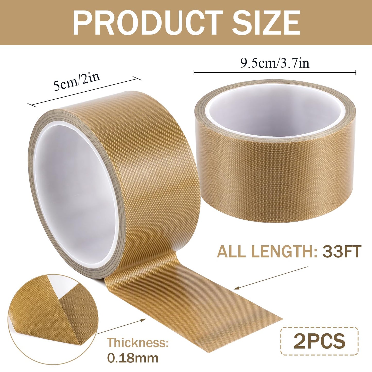 Lainballow 2 Rolls Teflon Fabric Tape, 2''×30Ft PTFE Tape, PTFE Coated Fiberglass Adhesive Tape for Vacuum Sealer Machine, Hand Impulse Sealers Insulation for FoodSaver,Seal A Meal,Weston,0.18mm Thick