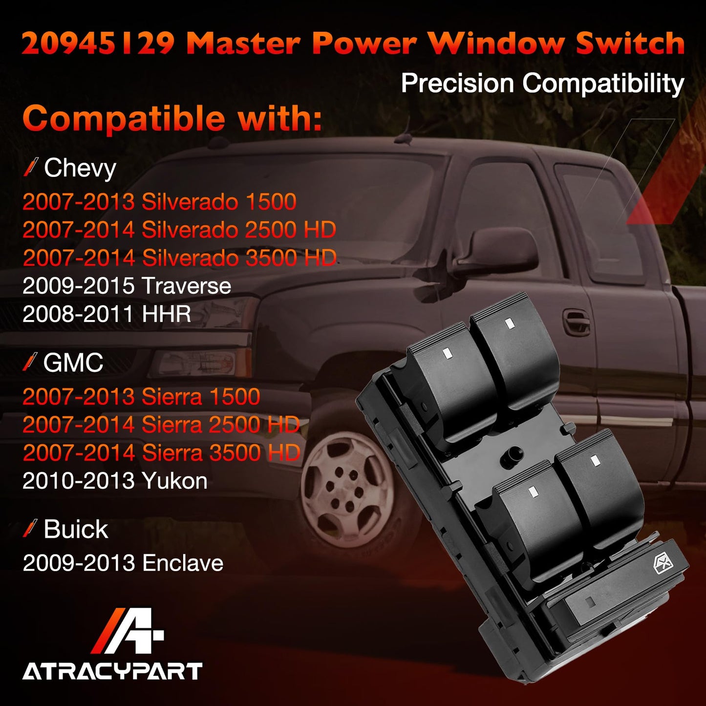 Drive Side Power Window Master Control Switch for | Chevy Silverado 1500 2500HD 3500HD,Traverse,HHR,GMC Sierra 1500 2500HD 3500HD,Yukon,Buick Enclave | Replaces OE# 20945129, 25789692, 25951963