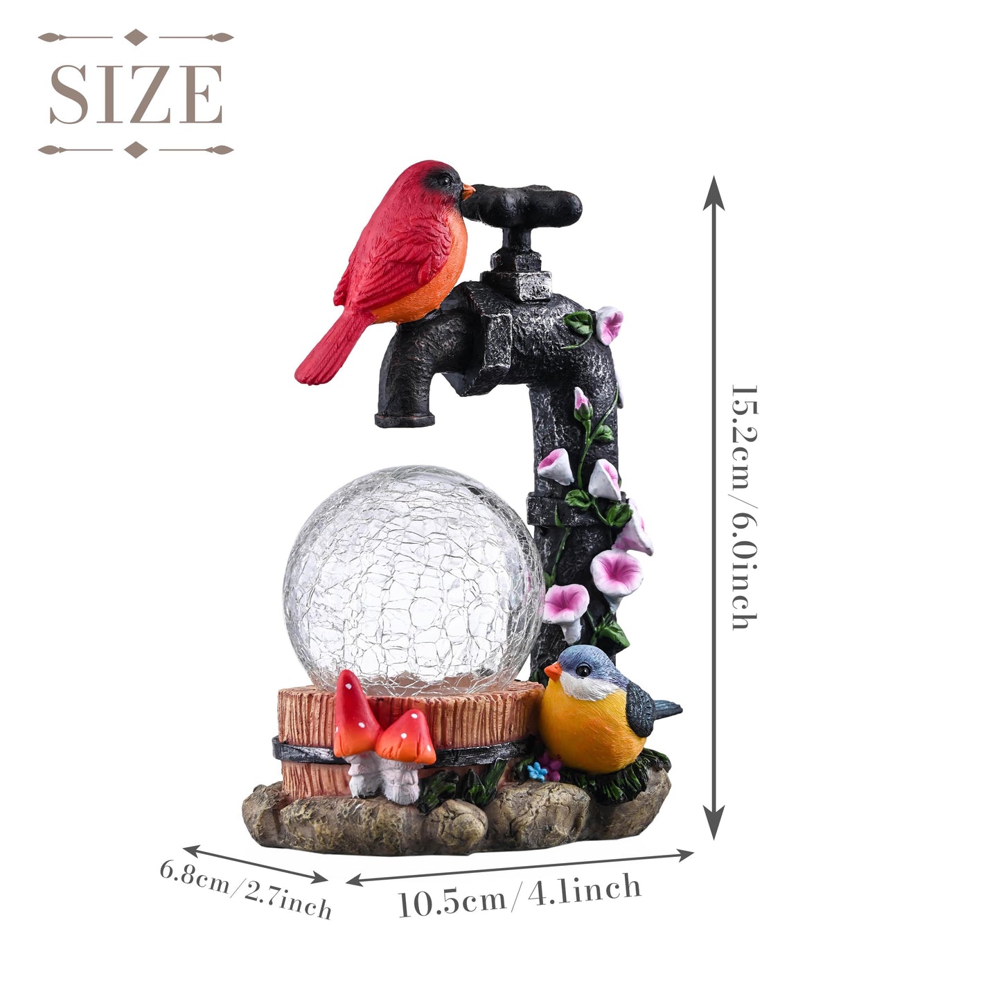 TERESA'S COLLECTIONS Garden Decor, Cardinal Garden Decor, Cute Cardinal and Faucet and Solar Light Glass Ball, Waterproof Resin Garden Statues, Birds Decor Gifts, Birthday Gifts for Women Mom, 6"