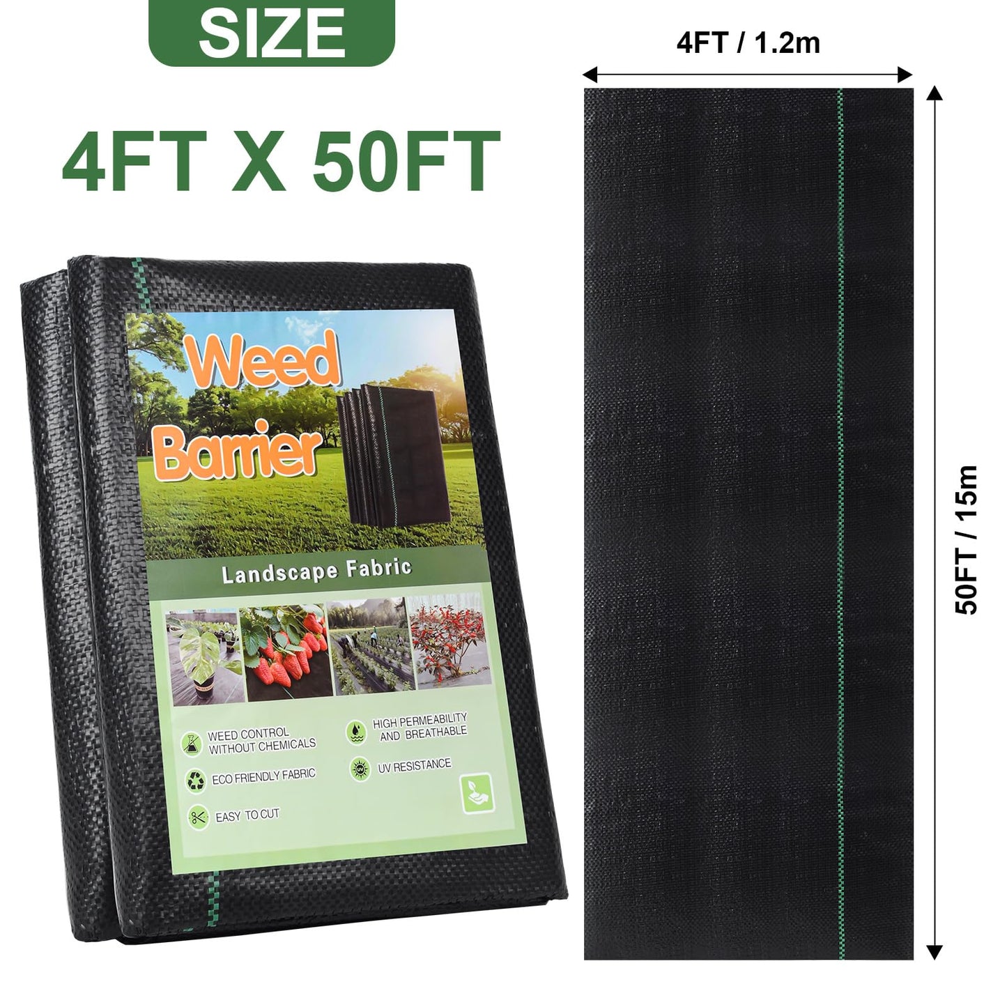 4x50Ft Weed Barrier Landscape Fabric Heavy Duty Ground Cover Fabric Block, 3.2oz Gardening Fabric Mat Garden Cloth Felt for Flower Bed, Patio, Orchard, Playground