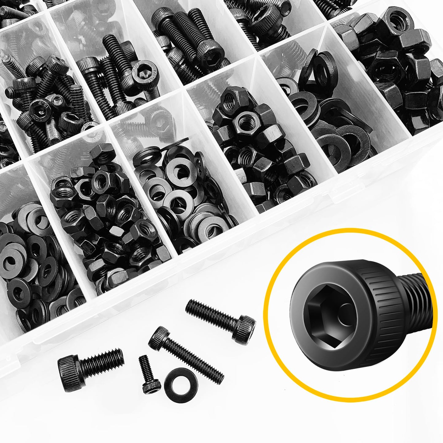 Mywish 900Pcs M3 M4 M5 M6 Metric Screws Assortment, Grade 12.9 Alloy Steel, Nuts and Bolts Hex Socket Head Cap Metric Bolts & Nuts & Flat Washers Kit, Black Zinc Plated, Anti Rust Machine Screws
