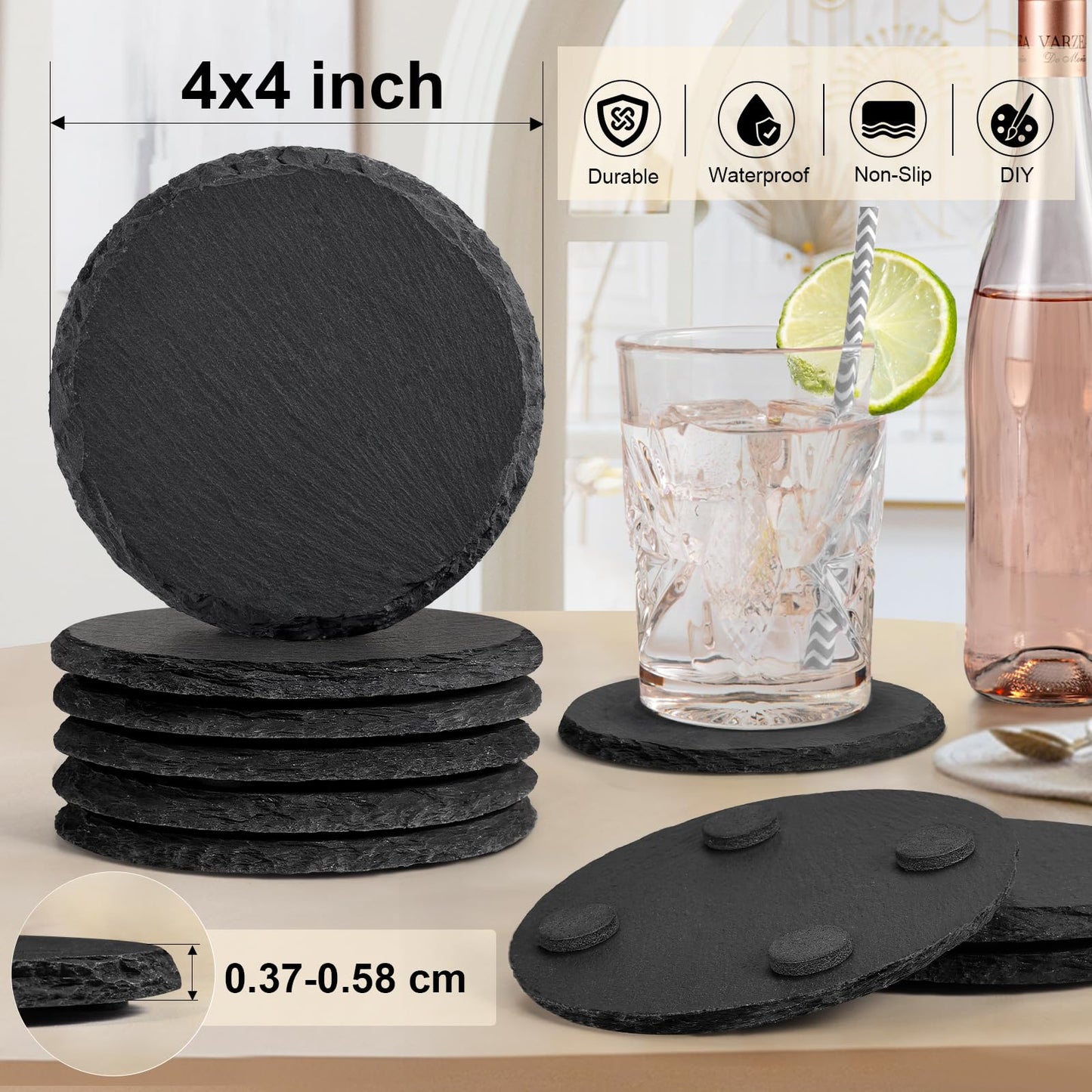 12 PCS Slate Coasters Bulk, MAPRIAL 4 Inch Black Coasters for Drinks, Laser Engraving Blanks Material, Round Stone Coasters for Laser Engraver, Project, Gifts, Bar, Home Decor