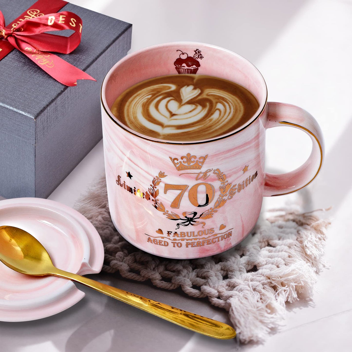 70th Birthday Gifts for Women - 14oz Pink Aged To Perfection Seventy Birthday Mug Printed with Gold - Happy Birthday Keepsake Presents for 70 Years Old Grandma Mom Sister, with Gift Box Lid Card Spoon