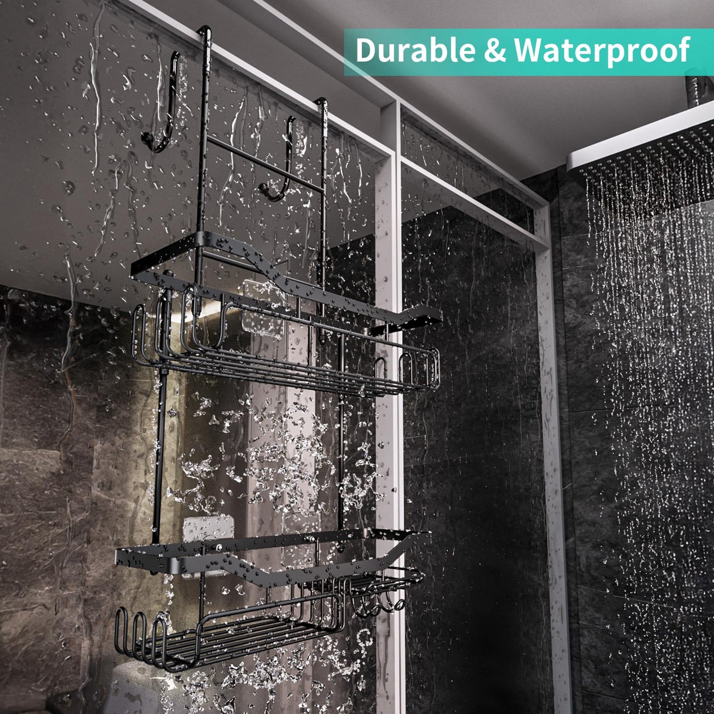 HapiRm Shower Caddy Hanging Over the Door, 2 Tier No Drilling Bathroom Shelf, Shower Shelf with Soap Holder, Waterproof Rust Resistant Bathroom Rack for Shampoo, Conditioner, Soap, Towel, Black