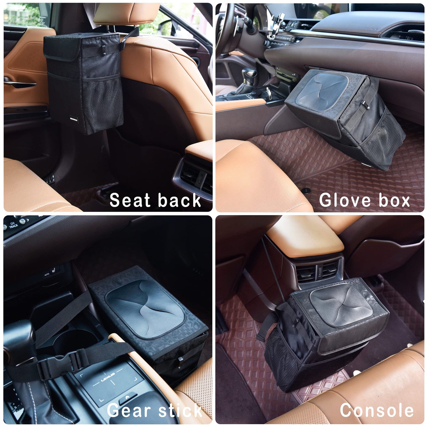 Cute Car Trash Can with Lid โ Multipurpose Collapsible Trash Bin for Car, Leak-Proof Organizer, Waterproof Garbage Can with Storage Pockets & Adjustable Straps, 2 Gallons (Black Leopard)