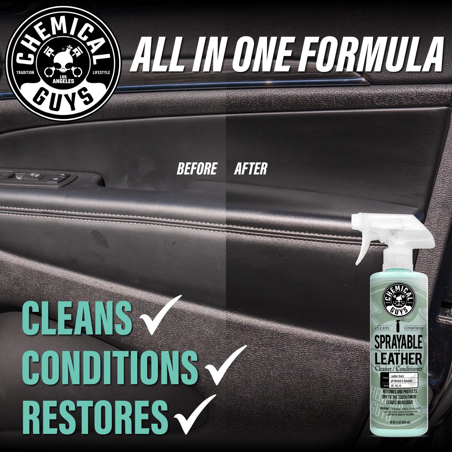 Chemical Guys Sprayable Leather Cleaner and Conditioner in One for Car Interiors, Apparel, and More (Works on Natural, Synthetic, Pleather, and More) Leather Scent, 473 ml