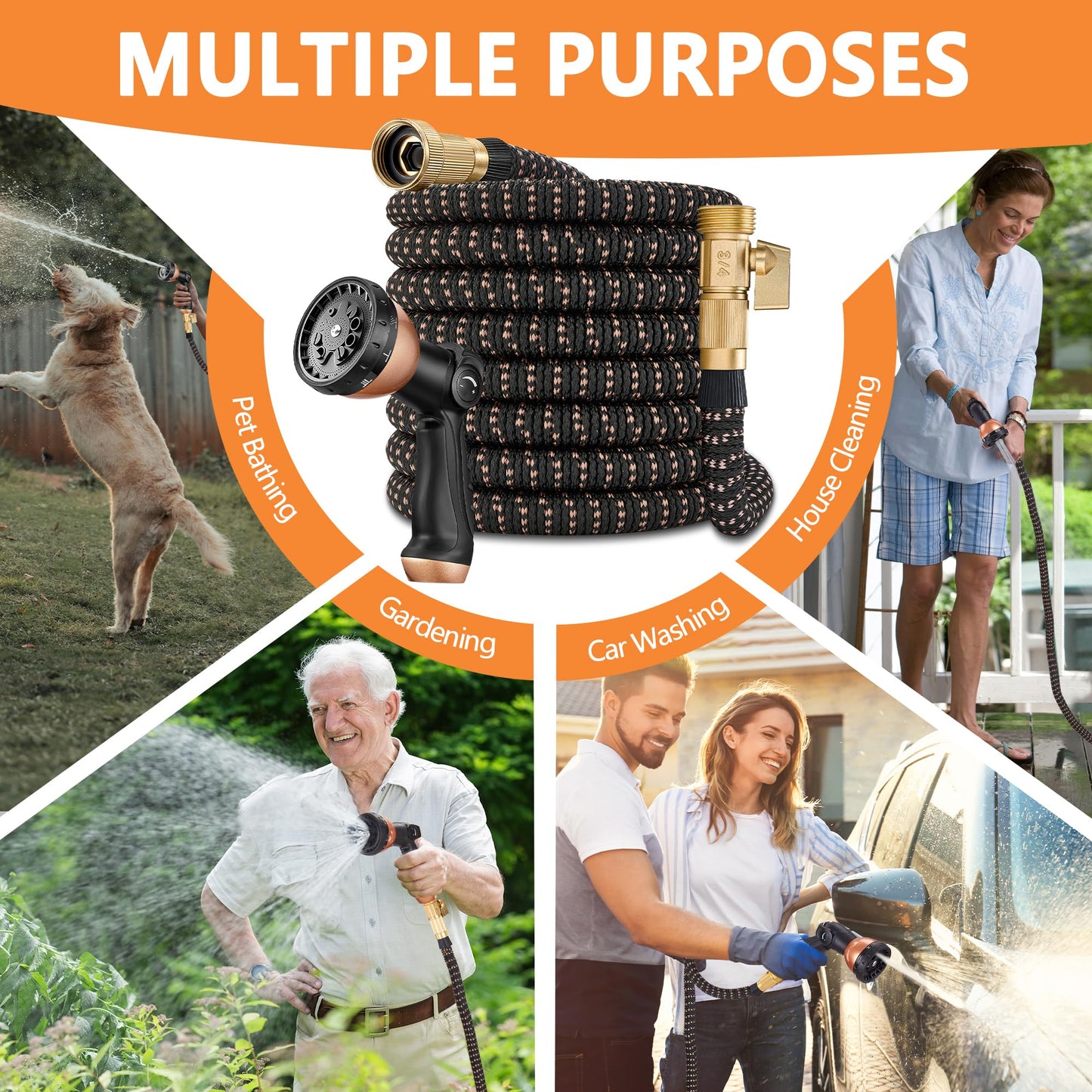 25 Foot Garden Hose – 2026 Upgarded Expandable Garden Hose w/10 Pattern Spray Nozzle, 650psi Brass 3/4” Fittings – Lightweight, Durable, Kink-Free, Retractable Water Hoses for Gardening(Black Gold)
