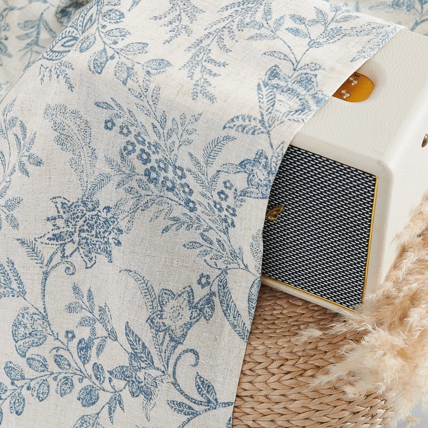 Lazzzy Kitchen Valance Curtain Linen Floral Farmhouse Tie Up Valance for Cafe Bathroom Bedroom Small Window Treatments Curtain 20 Inch Long Rod Pocket 1 Panel Blue on Beige