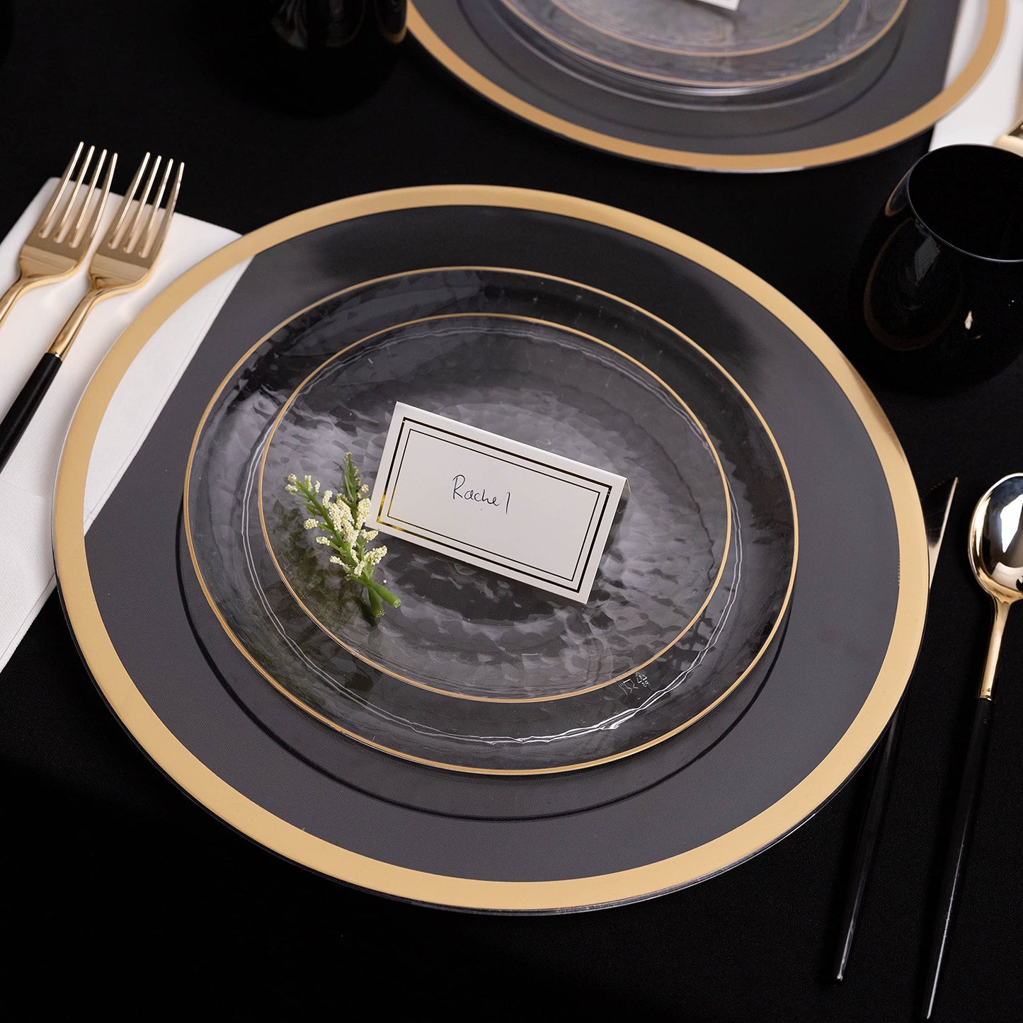 PLASTICPRO 32 Piece Combo Plates Set includes 16-7'' inch Plates & 16-9'' inch Plate Clear Plastic Organic Hammered Design Party Dishes Gold Rim, Elegant, Tableware, Dishes,