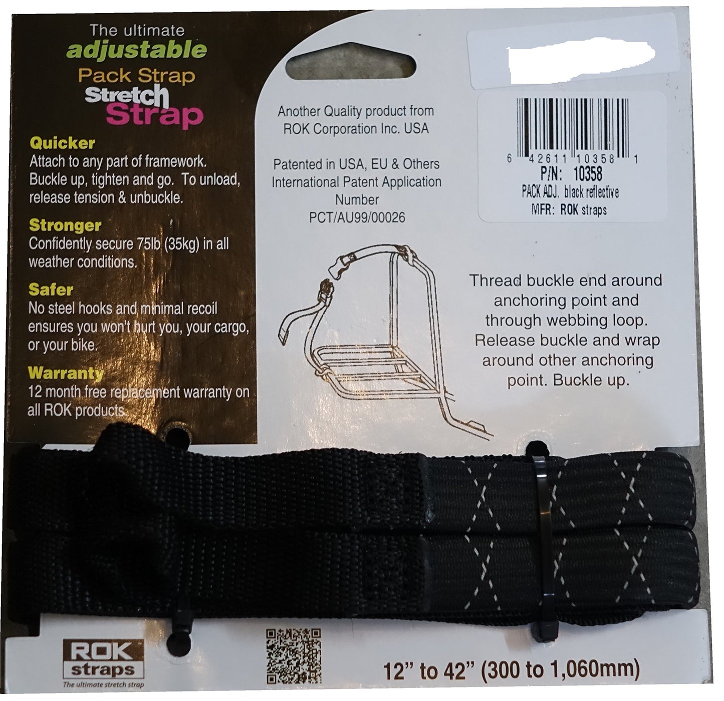 ROK Straps ROK-10358 Black/Reflective 12" - 42" Pack Adjustable Stretch Strap