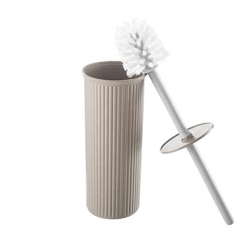 Superio Ribbed Collection - Decorative Plastic Toilet Bowl Brush and Holder Set, Taupe (1 Pack) Cleaner Scrubber for Bathroom