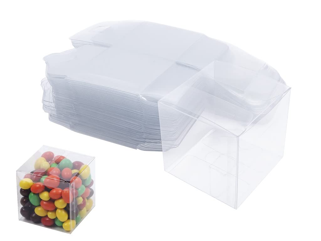 50Pcs Clear Favor Boxes, Individual Transparent Cube Candy Boxes, Plastic Gift Box for Wedding Birthday Thanksgiving Halloween Christmas New Year Party(3.15 inch)