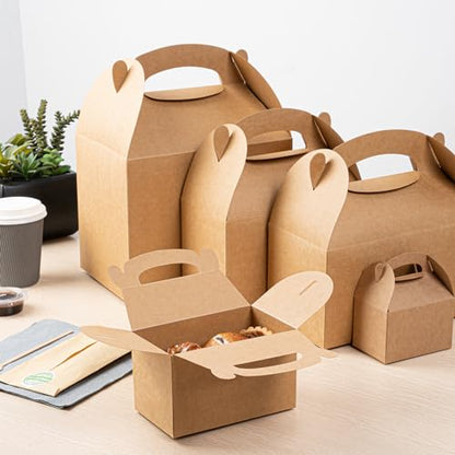 Restaurantware Kraft Gable Boxes 25 Count 6 x 3.5 x 3.5 Inches Paper Gift Boxes Greaseproof With Handles Recyclable Favor Boxes For Birthdays Weddings Baby Showers Brown