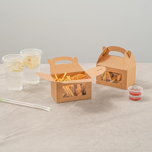 Restaurantware Gable Gift Boxes Pack of 25 Greaseproof Paper Treat Boxes 6 x 3.5 x 3.5 Inches With Window, Disposable Design Kraft Containers for Weddings or Birthdays