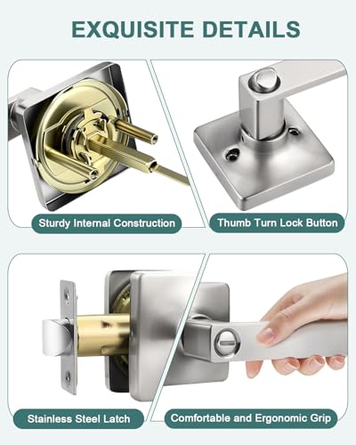 GOBEKOR 1 Pack Square Satin Nickel Privacy Door Lever,Keyless Door Handle Interior Use,Bathroom/Bedroom Door Lock (Thumb Turn,No Key),Reversible for Right or Left Side Door Handle Lock