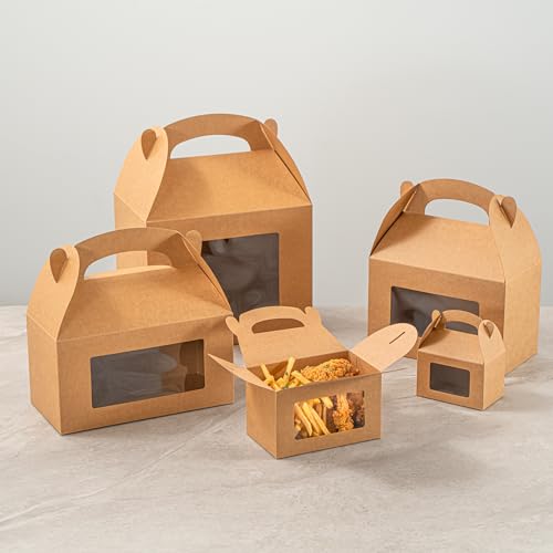Restaurantware Gable Gift Boxes Pack of 25 Greaseproof Paper Treat Boxes 6 x 3.5 x 3.5 Inches With Window, Disposable Design Kraft Containers for Weddings or Birthdays