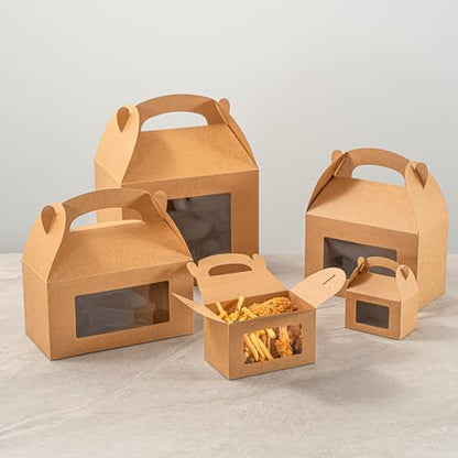 Restaurantware Gable Gift Boxes Pack of 25 Greaseproof Paper Treat Boxes 6 x 3.5 x 3.5 Inches With Window, Disposable Design Kraft Containers for Weddings or Birthdays