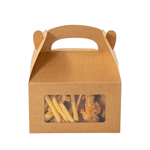 Restaurantware Gable Gift Boxes Pack of 25 Greaseproof Paper Treat Boxes 6 x 3.5 x 3.5 Inches With Window, Disposable Design Kraft Containers for Weddings or Birthdays