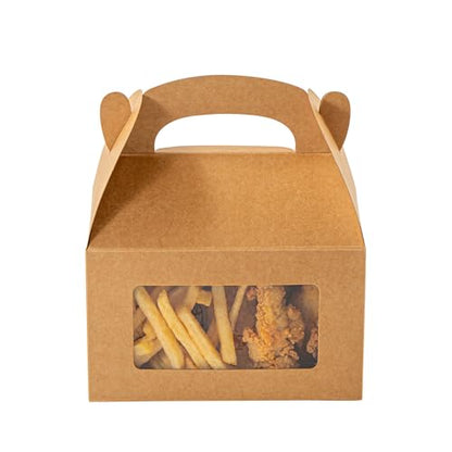Restaurantware Gable Gift Boxes Pack of 25 Greaseproof Paper Treat Boxes 6 x 3.5 x 3.5 Inches With Window, Disposable Design Kraft Containers for Weddings or Birthdays