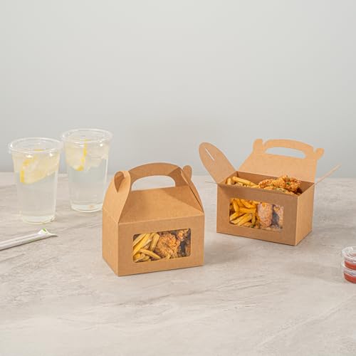 Restaurantware Gable Gift Boxes Pack of 25 Greaseproof Paper Treat Boxes 6 x 3.5 x 3.5 Inches With Window, Disposable Design Kraft Containers for Weddings or Birthdays